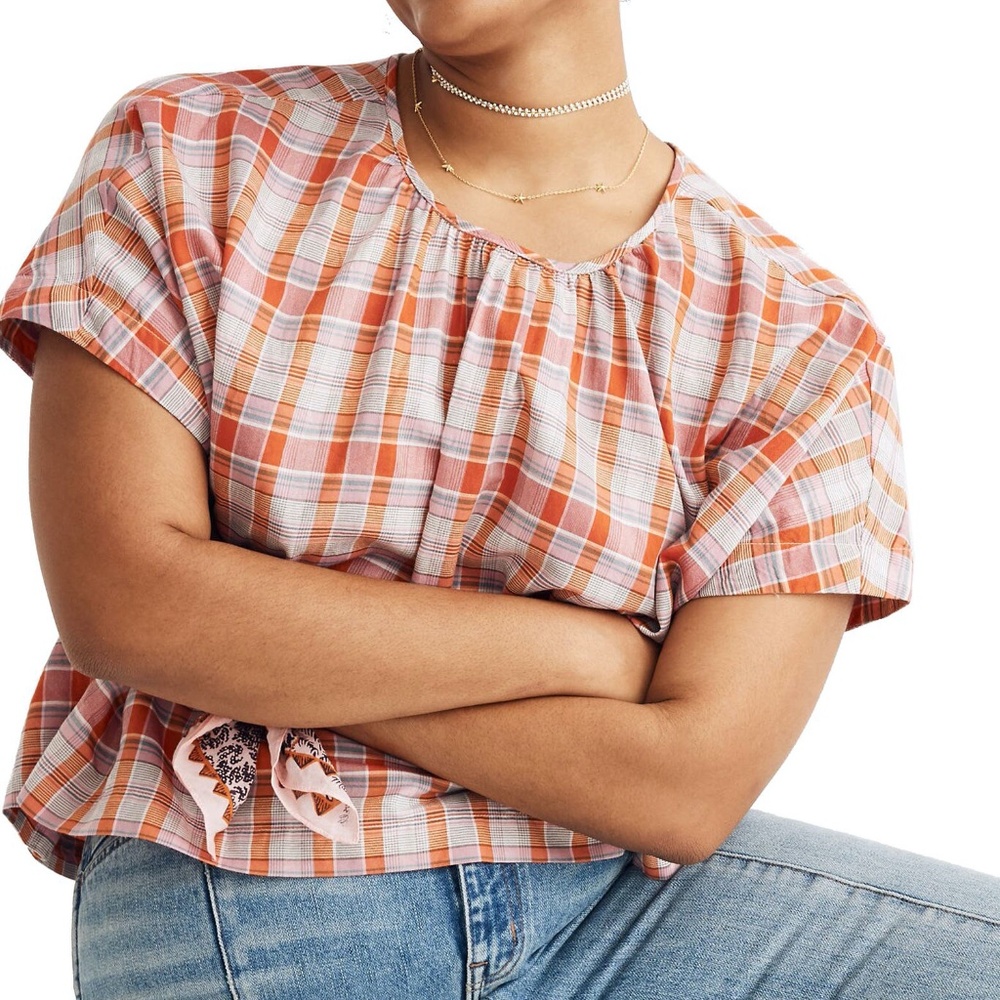 NWT Madewell Top Plaid Shirred-Neck Boxy Medium